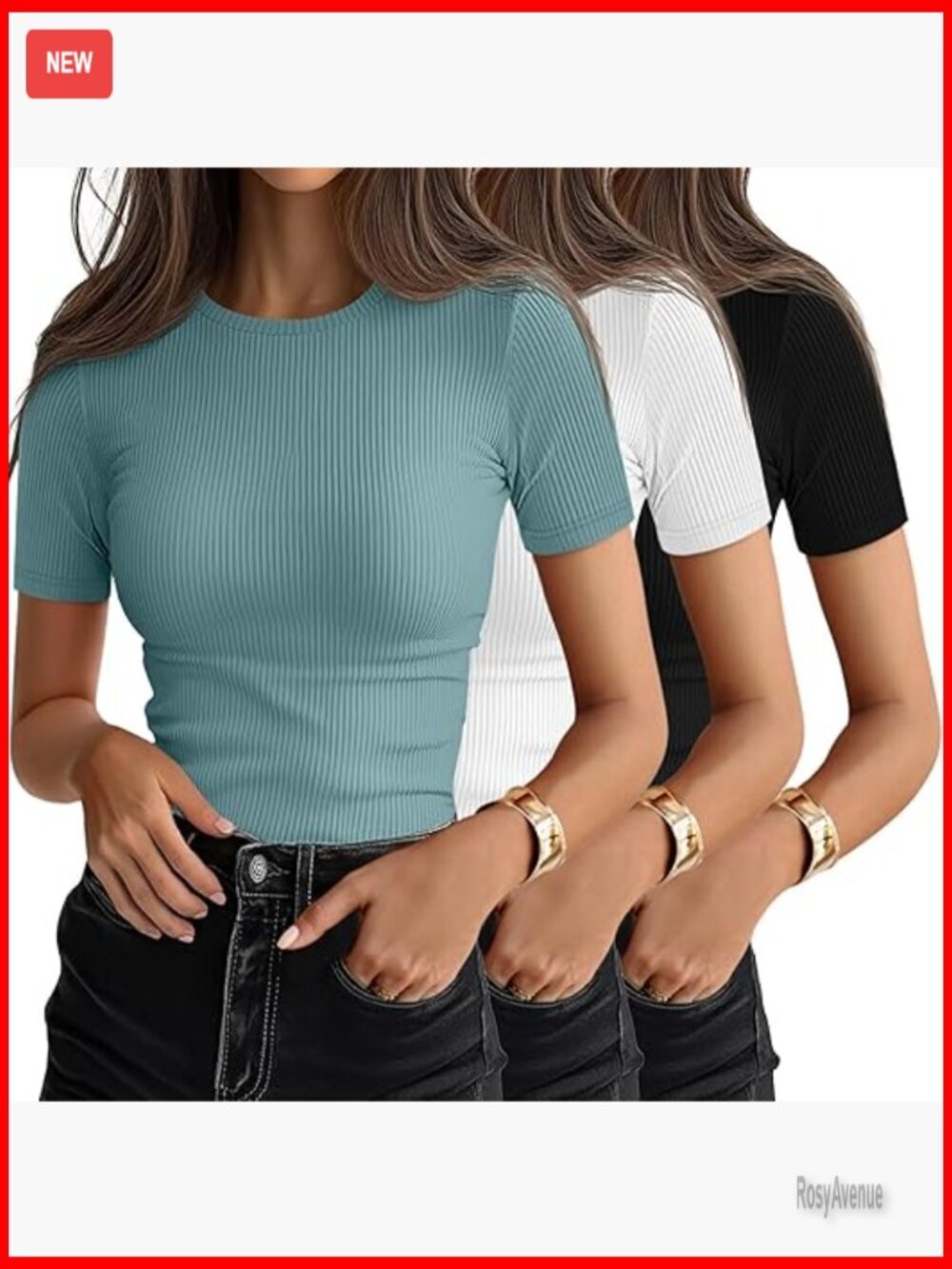 3 Pack Ribbed Cotton Short Sleeve Crewneck T-Shirts Fitted Basic Tees